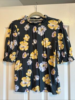 LOFT Black Floral Puff-Sleeve Blouse with Yellow & Pink Flowers